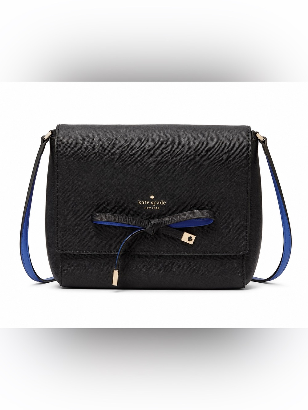 Kate Spade Bow Details Black Leather Crossbody with Blue Accents